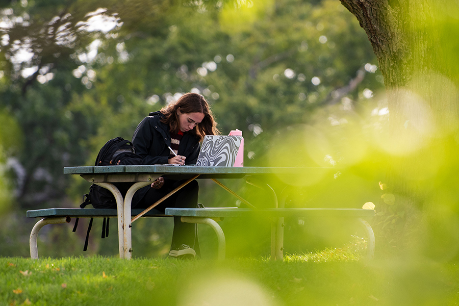 A student doing homework on an outdoor bench.